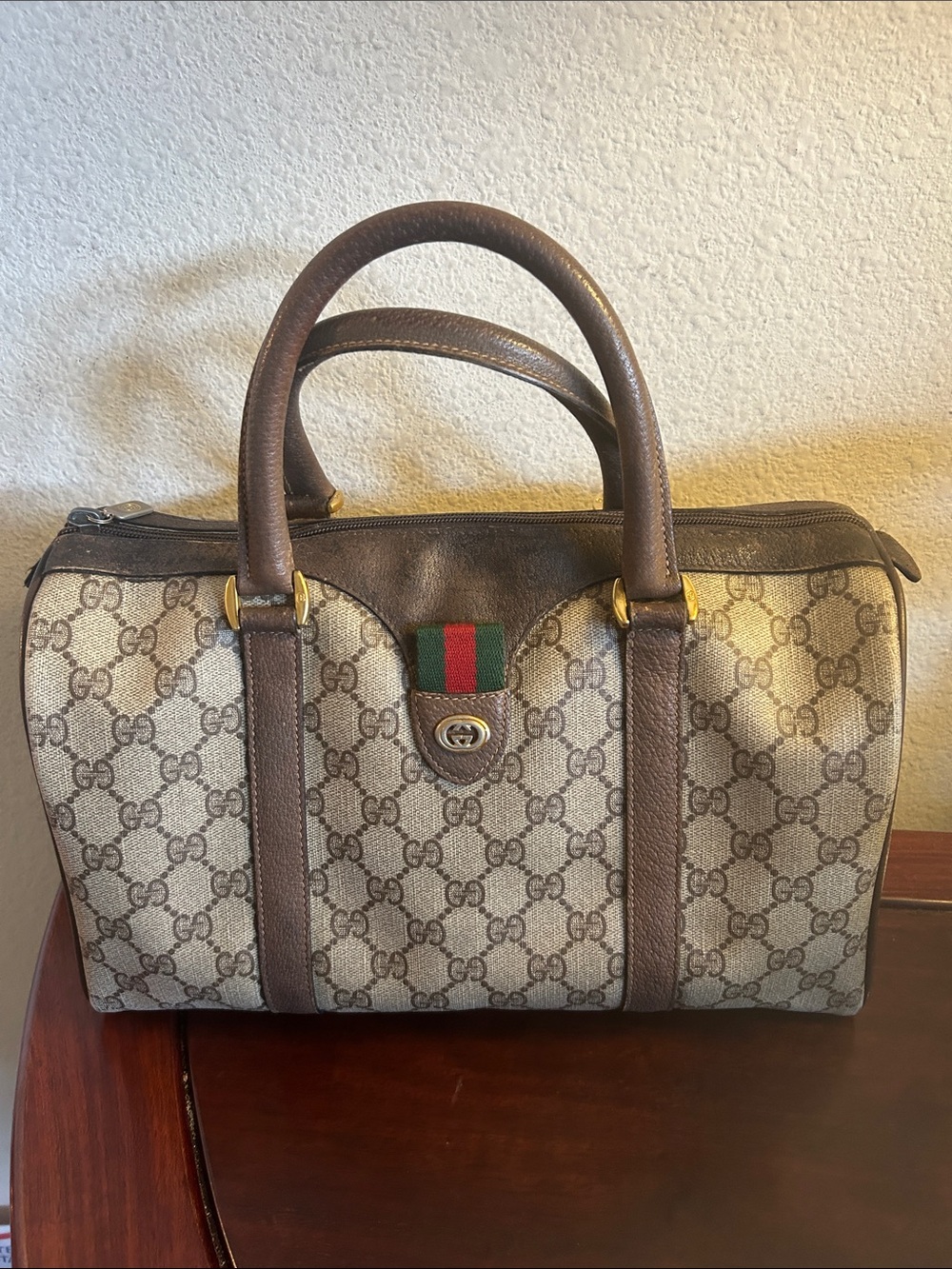 Gucci Brown Monogram Boston Bag with Red & Green Stripe